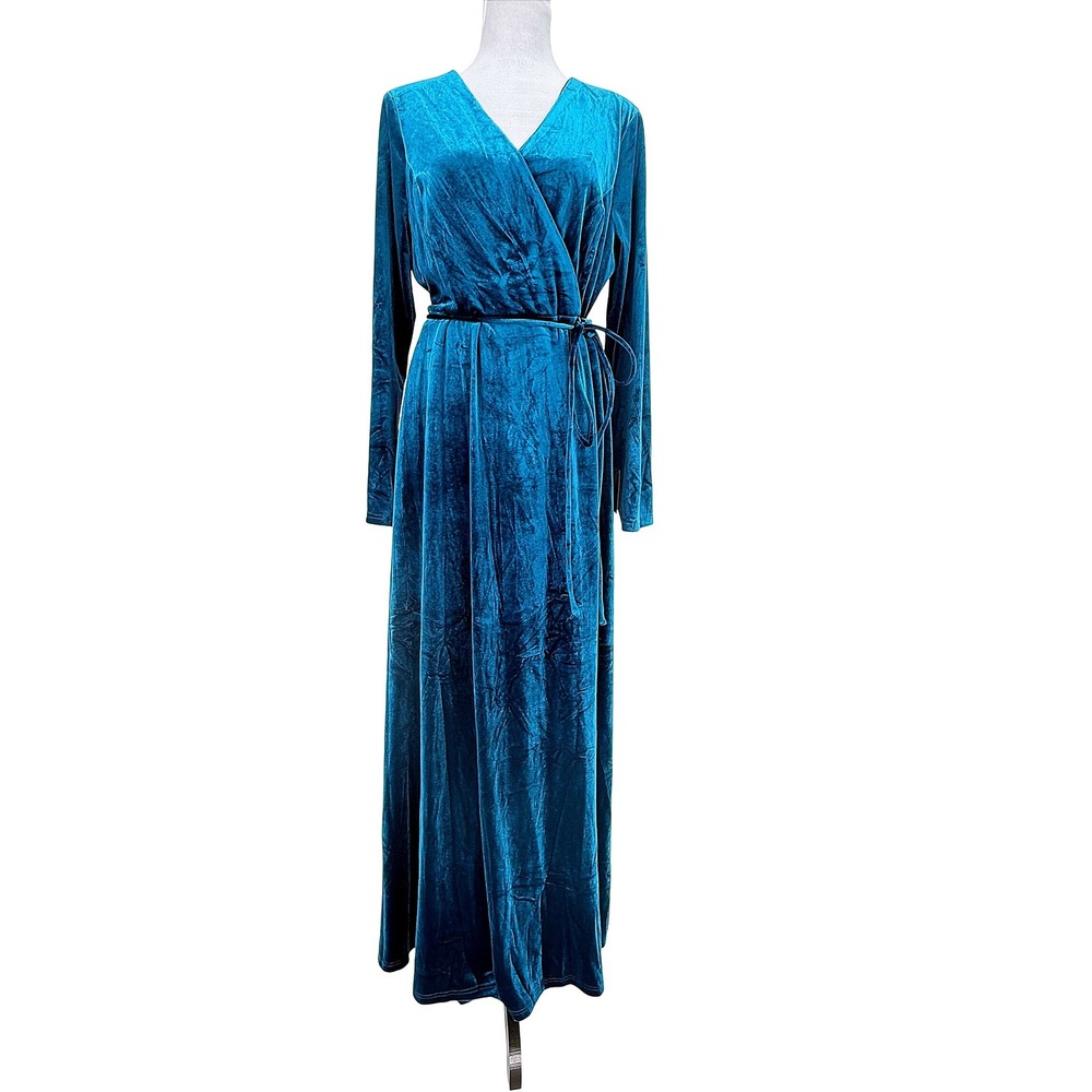 Lulus Jacinda Teal Velvet Wrap Maxi Dress Long‎ Sleeve Tie Waist Size 1X